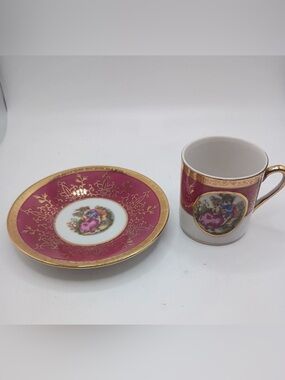 VTG LEFTON Japan Hand Painted Courting Couple DEMITASSE TEACUP & SAUCER Gold Red